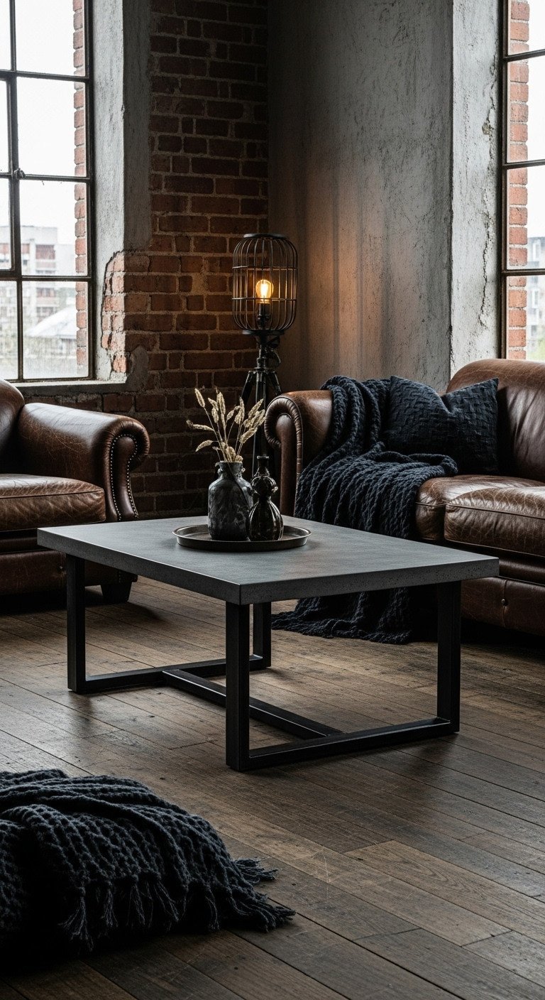 Industrial rectangular concrete coffee table with dark metal legs, exposed brick wall in a loft living room. Dark, sophisticated decor.