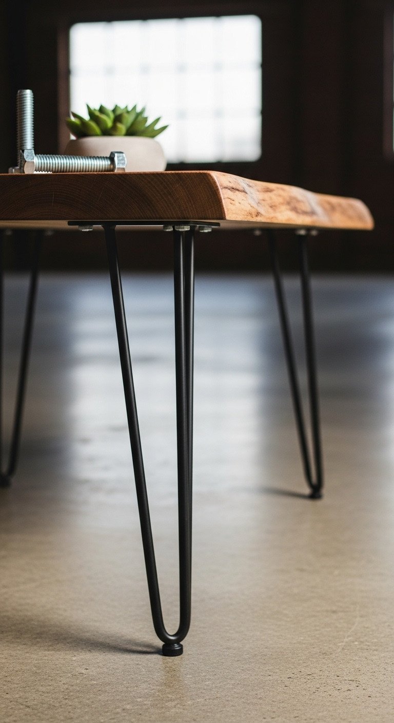 Industrial wood slab coffee table, matte black hairpin legs, concrete surface. Rustic urban loft furniture, with succulent.