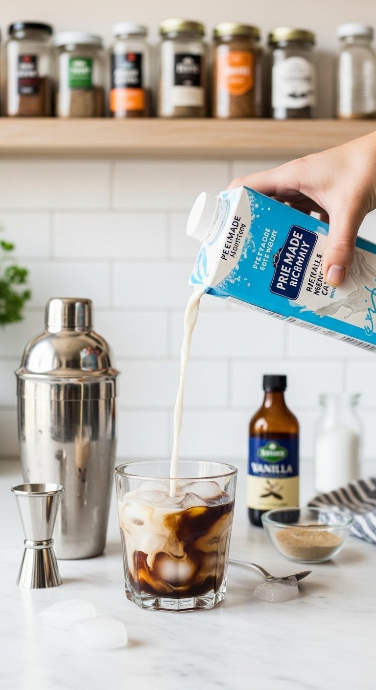7 Genius Dirty Horchata Coffee Recipes And Perfect Ratios 7 Instant dirty horchata shortcut: rice milk pouring over ice into coffee, shaker, jigger on marble countertop.