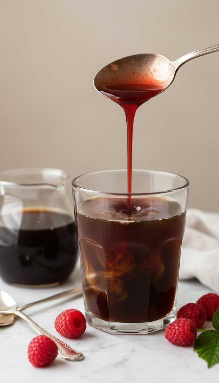 Intensely red raspberry syrup pouring into cold brew coffee with fresh raspberries. White marble countertop in bright daylight.