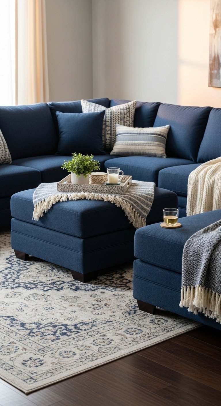 Intimate conversation area: sectional sofa, chairs, ottoman. Deep blues, navy, warm creams, golden light, plush rug.
