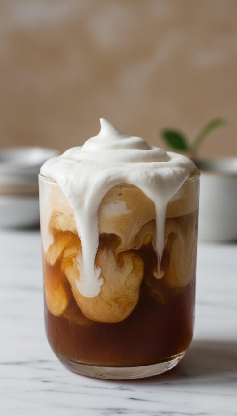 7 Sweet Dunkin Iced Coffee Orders: Ultimate Guide & Custom Tips 3 Intimate macro of sweet cold foam cascading into dark iced coffee, showing creamy texture, froth. Condensation, marble, bright daylight.