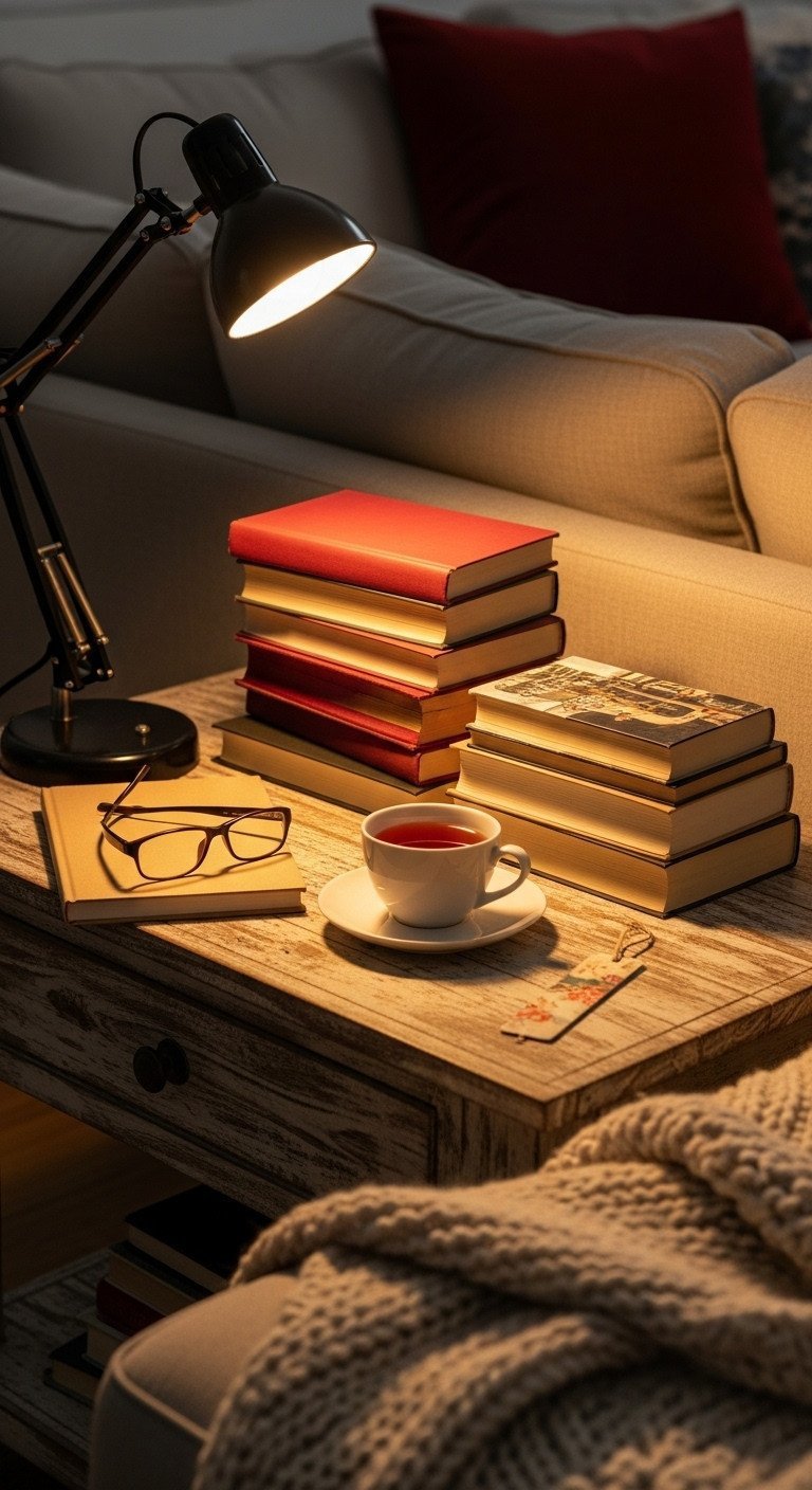 Intimate reading nook with rustic distressed wood sofa table, stacked books, reading glasses, tea, task lamp, knit blanket, warm creams and browns.
