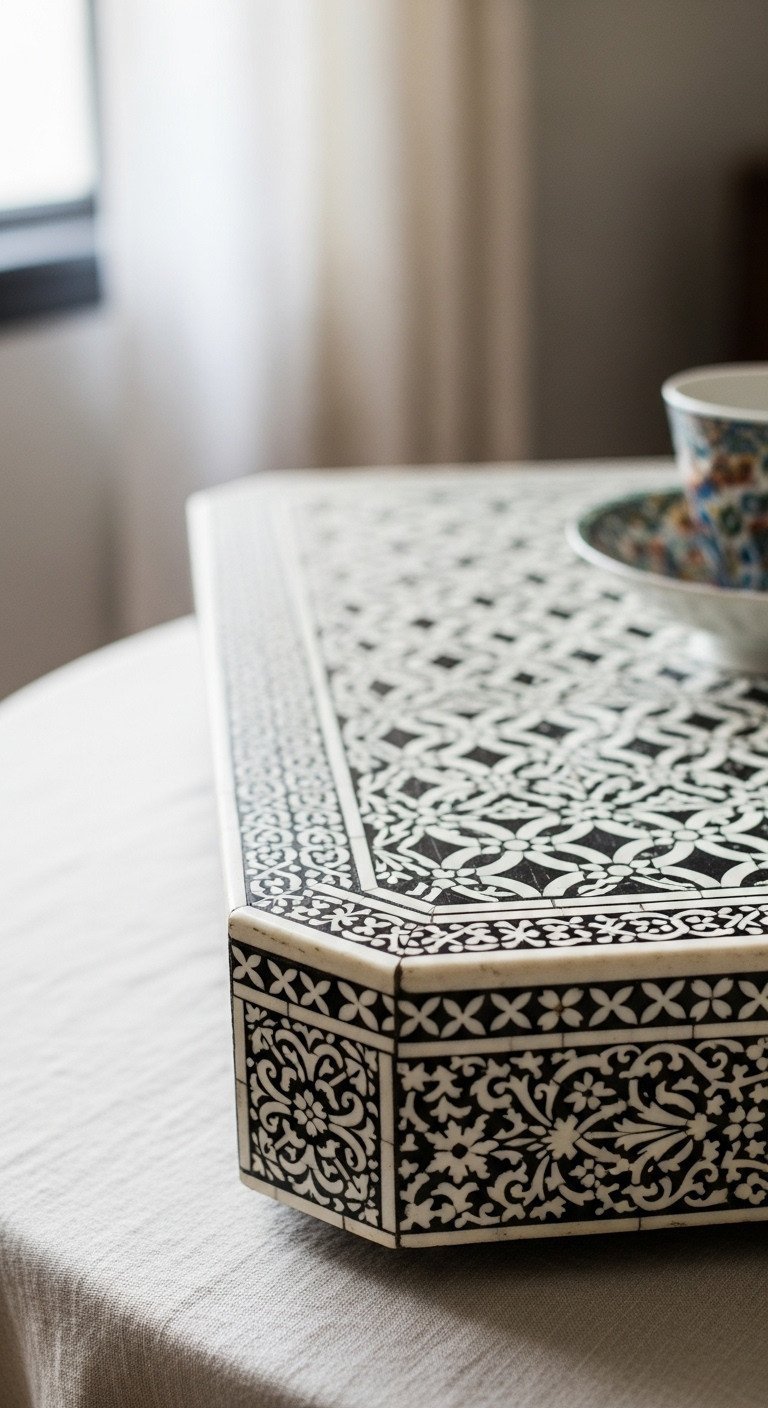 Intricate bone inlay mosaic coffee table detail, showcasing precise geometric patterns and fine handcrafted artistry in a luxurious setting.
