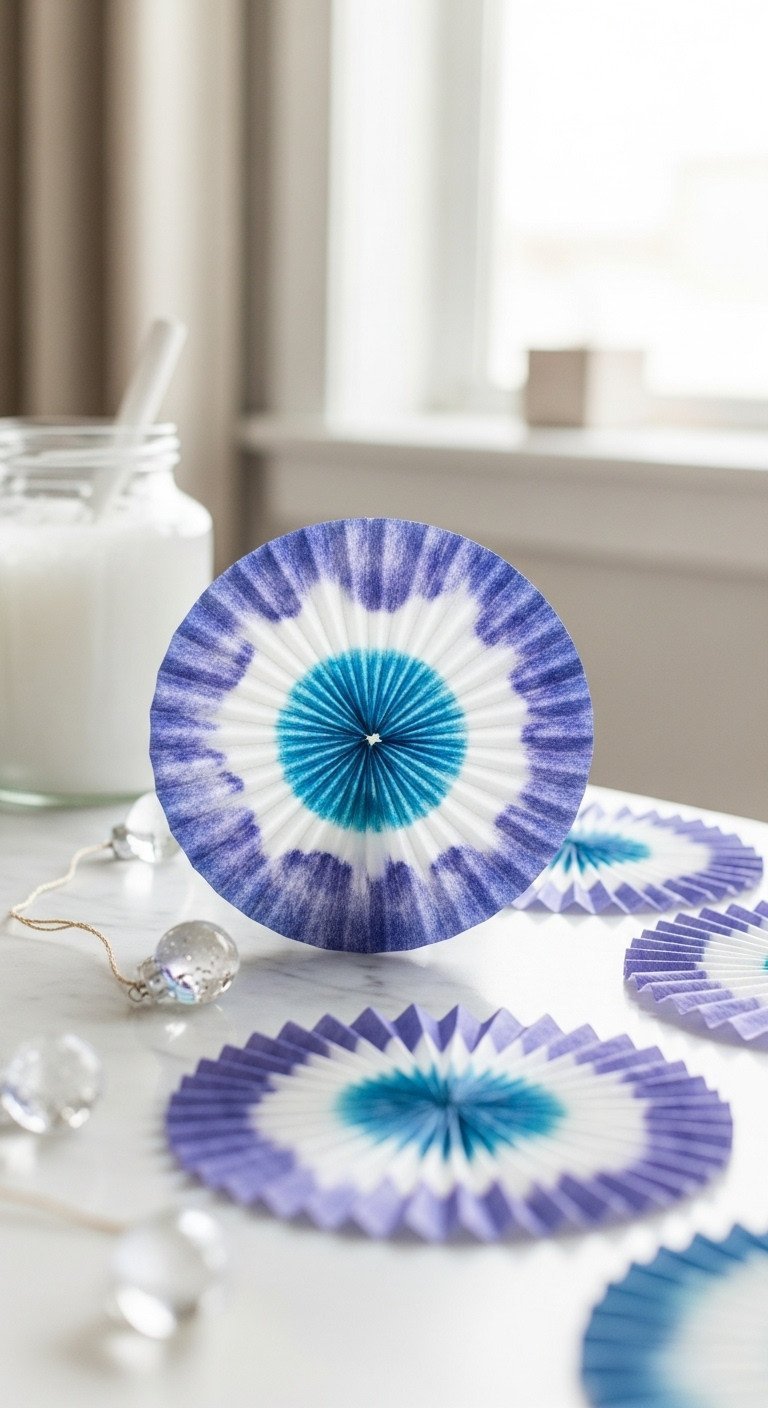 Intricate coffee filter snowflakes featuring blue, purple, white chromatography patterns on a marble countertop. Serene DIY winter decor.