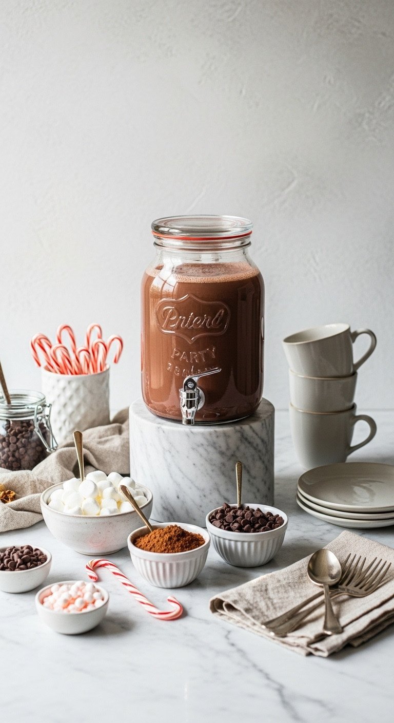 7 Easy Christmas Coffee Party Ideas for a Stress-Free Holiday 11 Inviting hot chocolate bar with glass dispenser, marshmallows, chocolate chips, mugs on marble counter. Festive Christmas cocoa station.