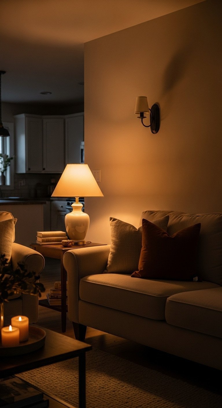 9 Genius Neutral Living Room Decor Ideas To Never Be Boring 15 Inviting neutral living room: warm layered lighting from table lamp, floor lamp, sconces, glowing candle, stack of books. Cozy ambiance.