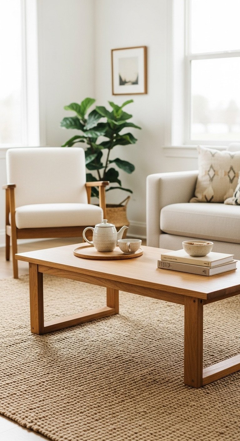 Japandi minimalist wood coffee table with clean lines on a textured rug, tea set, books. Cozy cream & brown living room.