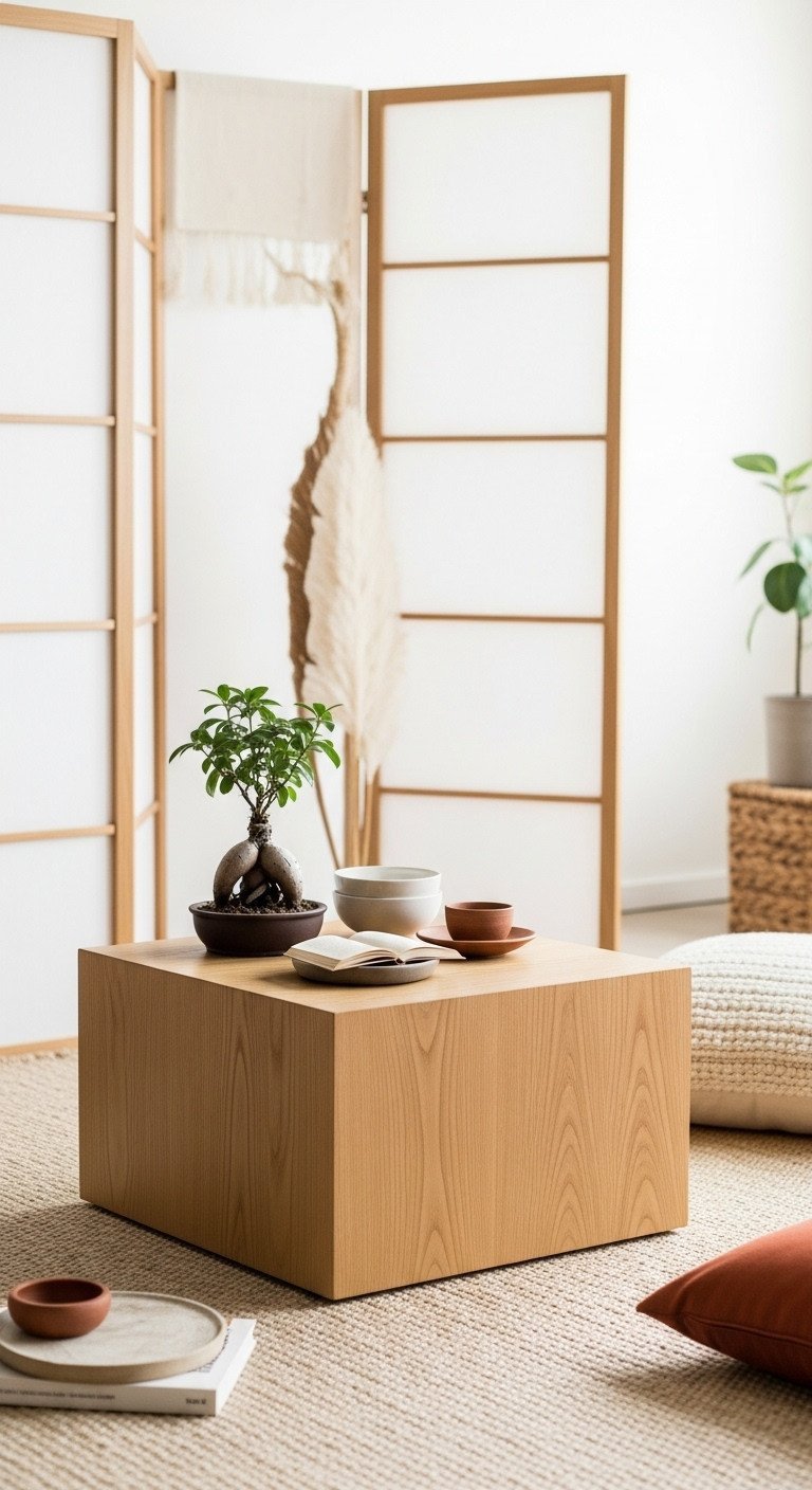 Japandi ultra low block coffee table, natural wood on woven rug. Serene 'floor living' aesthetic with bonsai, earthy ceramics.