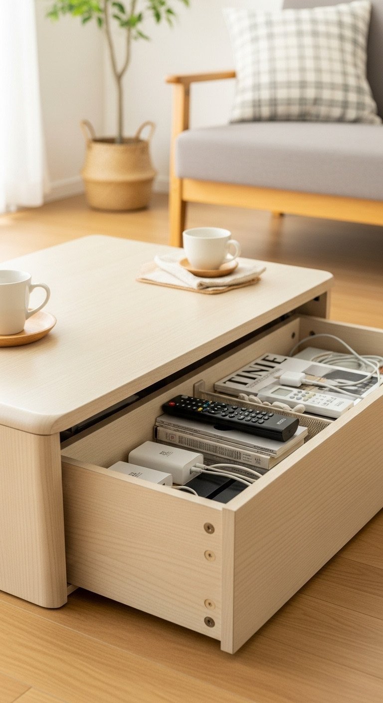 Japanese Tatami-style coffee table with hidden storage, organized remotes, magazines. Functional, space-saving living room.