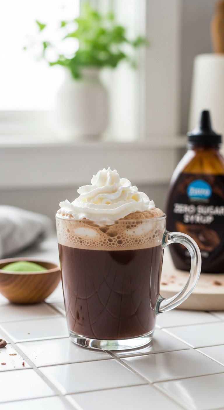 Mocha Frappe Copycat Guide For Perfect Creamy Texture 15 Keto mocha frappe in handled glass mug, sugar-free whipped cream, erythritol, zero-sugar syrup bottle.