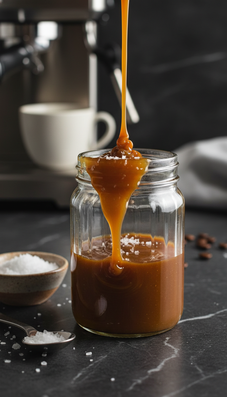 Homemade Healthy Coffee Syrups: 7 Essential Natural Recipes 7 Keto salted caramel coffee syrup cascades into a clear glass jar, showing visible salt crystals. Sea salt flakes nearby.