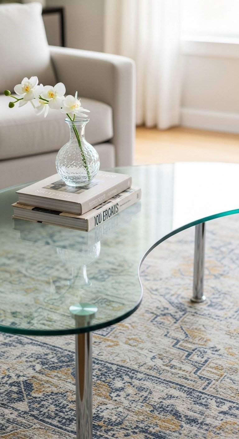 Kidney-shaped glass coffee table, chrome legs, modern, airy living room. Books & white orchid add charm on plush rug.