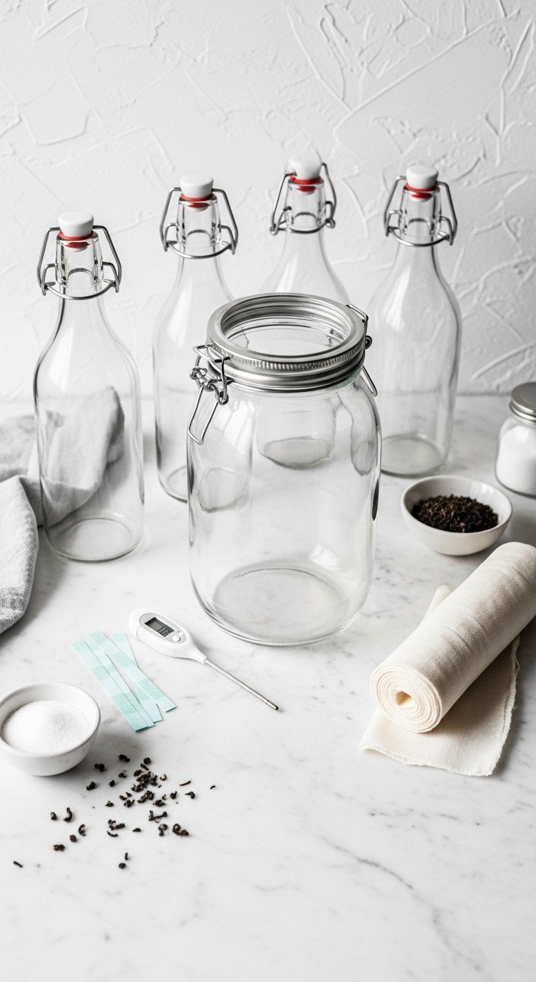 Master Kombucha Home Brewing For Gut Health And Perfect Flavor 1 Kombucha brewing kit flat lay: glass jar, swing-top bottles, digital thermometer, cheesecloth on white marble counter.