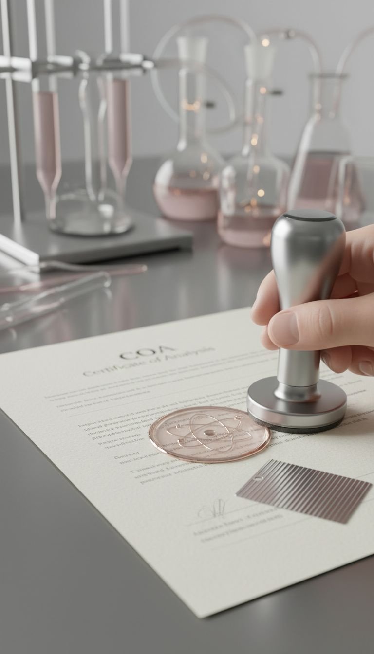 7 Genius Rules to Vetting Functional Wellness Drinks 14 Lab report (COA) for functional beverage verification, with blurry high-tech lab equipment background. Scientific quality control.