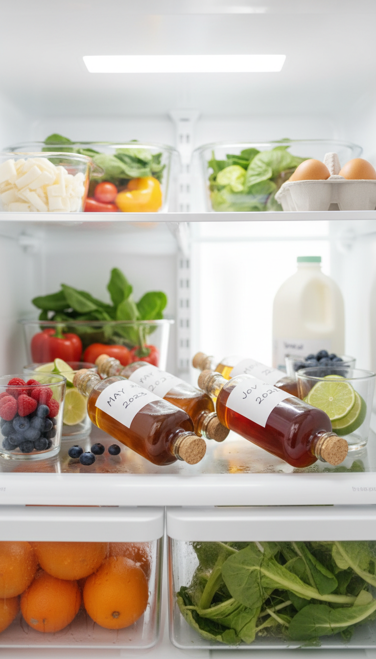 Labeled airtight glass syrup bottles stored on a clean refrigerator shelf with fresh fruit for long-term preservation.
