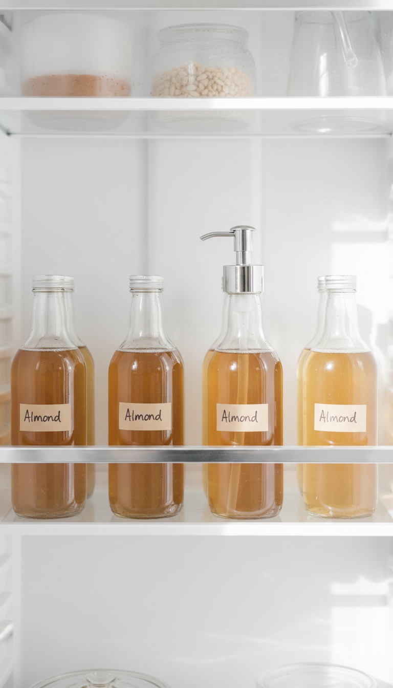 Labeled glass bottles of homemade almond coffee syrup neatly organized on a clear shelf in a modern refrigerator for storage.