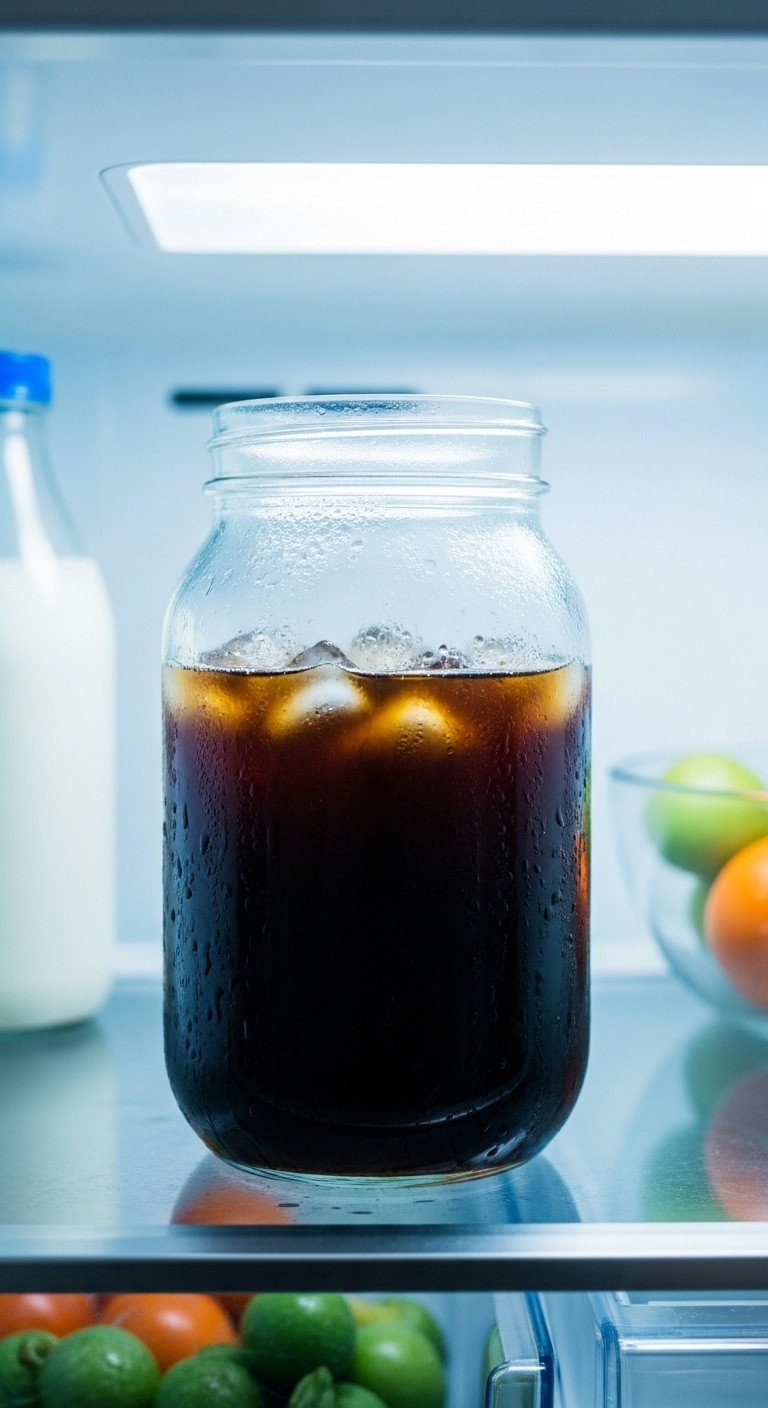 Make Perfect Cold Brew Coffee At Home Without The Mistakes 7 Large glass Mason jar of cold brew coffee with grounds steeping on a shelf inside a cool, lit refrigerator.