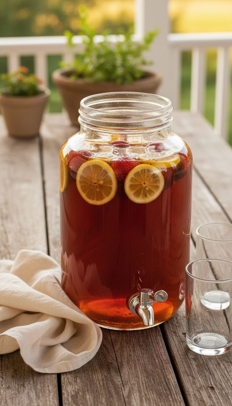 Large glass dispenser of Southern sweet tea with lemon slices and strawberries on a rustic outdoor patio table.