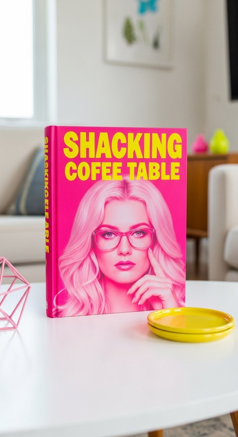 Large glossy shocking pink pop culture coffee table book on a white mid-century modern table with a yellow coaster.
