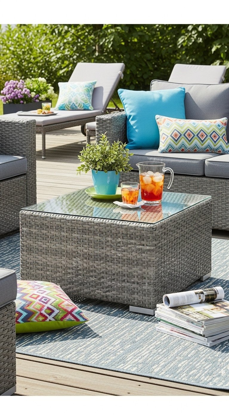Large grey synthetic rattan coffee table with glass top on outdoor patio with matching lounge chairs, lush greenery.