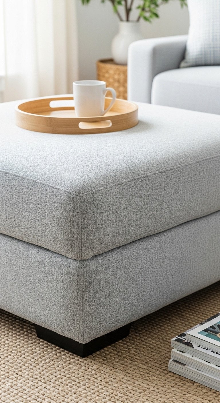 Large light gray fabric ottoman coffee table with textural design in a minimalist living room. Tray holds mug and magazines. Airy, fresh.