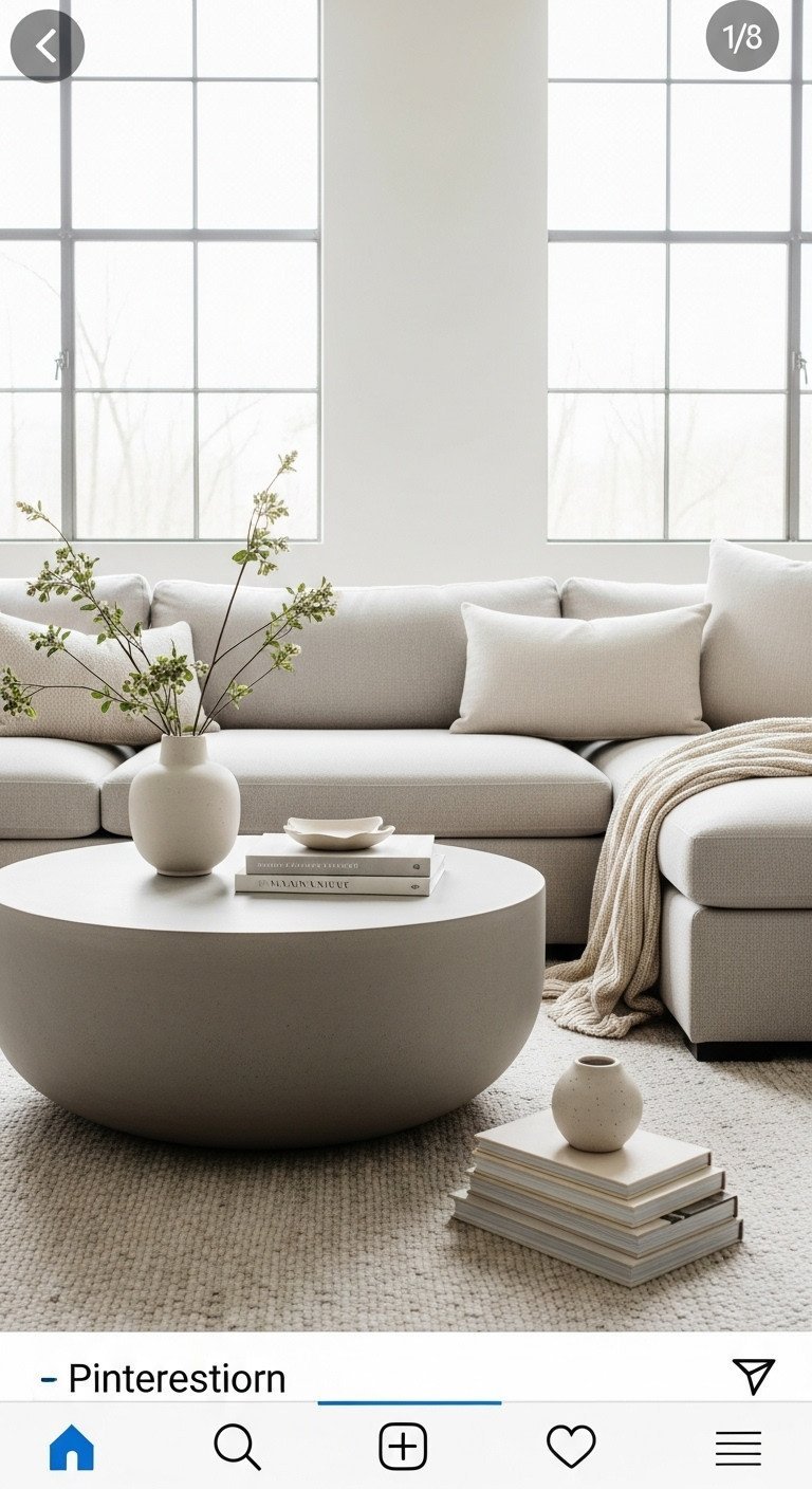 Large round light gray concrete coffee table in a modern living room with sectional sofa, soft rug, books, and vase. Bright, minimalist decor.