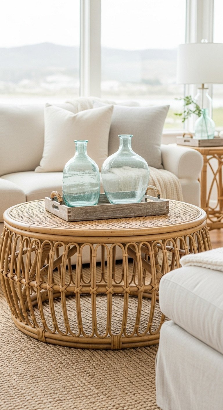 Large round natural rattan coffee table with woven top, jute rug, linen sofa, sea-glass decor in bright coastal living room.
