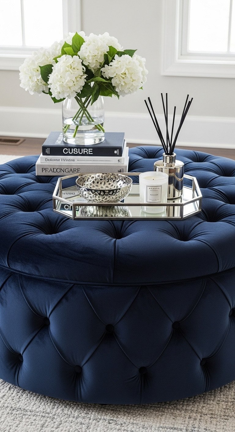 Large round tufted navy velvet ottoman coffee table. Styled luxuriously with books, bowl, and candle on a silver mirrored tray. Elegant living.