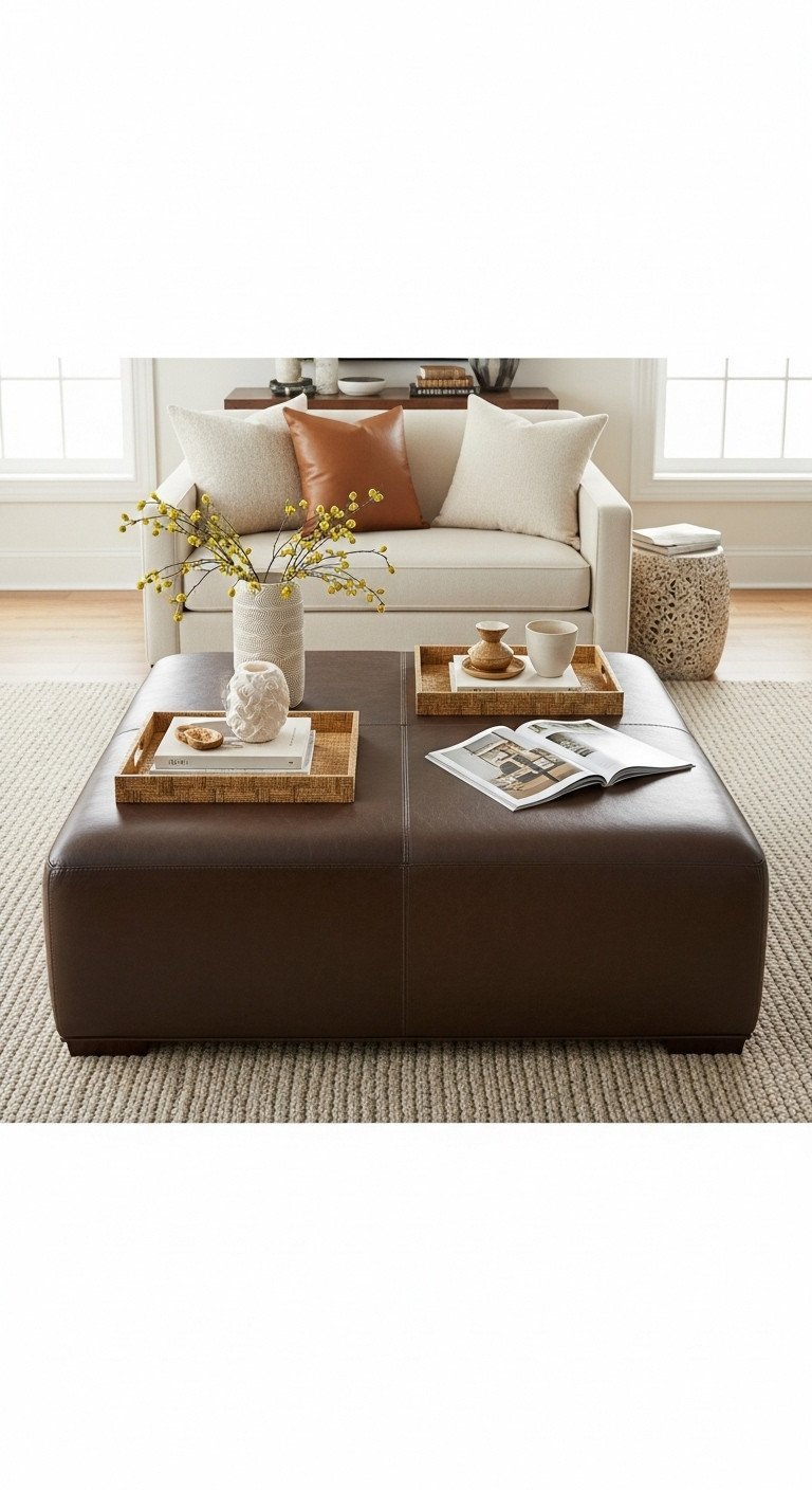 Large square dark leather ottoman coffee table, styled symmetrically with trays and magazines. Practical, sophisticated living room decor.