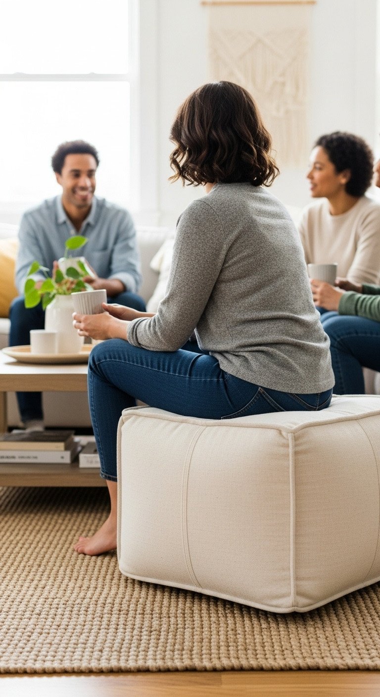 Large square ottoman coffee table used as comfortable extra seating for guests socializing in a bright, modern living room. Functional design.