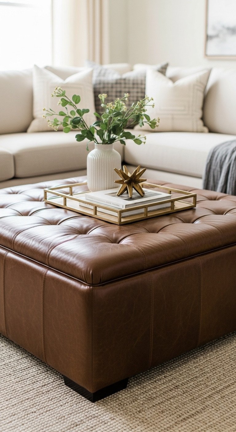 Elevate Your Space With A Luxurious Leather Coffee Table 1 Large tufted brown leather storage ottoman coffee table with books on a metallic tray in a cozy living room with a neutral sectional sofa.