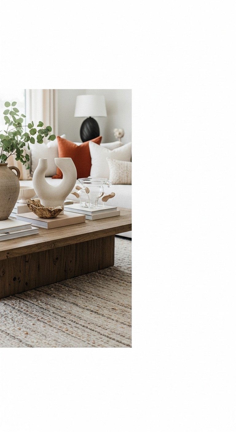 Large wood coffee table decor: two distinct groupings with vase, books, sculptural art, and glass accents, minimalist style.