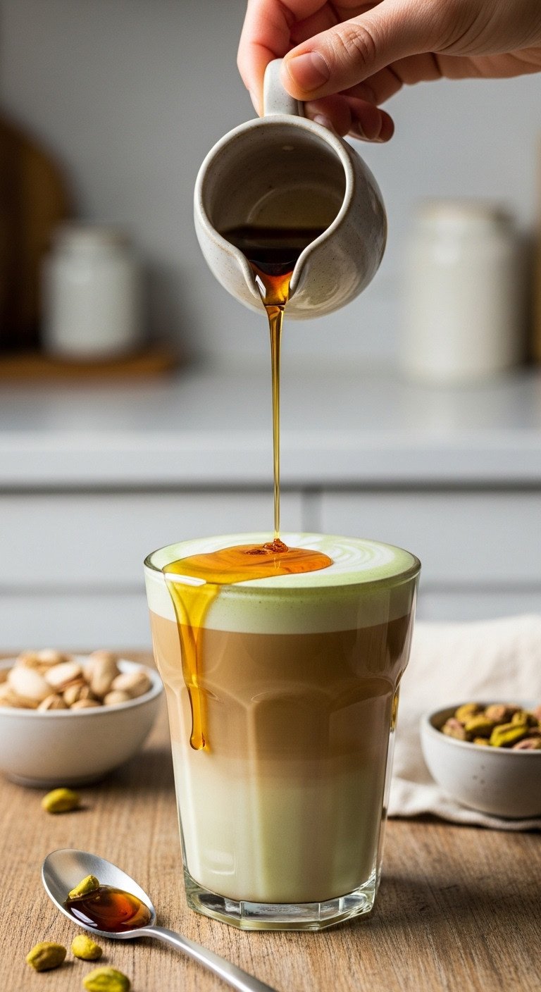 Pistachio Matcha Latte Ultimate Recipe for Perfect Layering and Flavor 17 Latte drizzled with rich amber maple syrup from a ceramic pitcher, dissolving into pale green milk on a rustic wooden table.