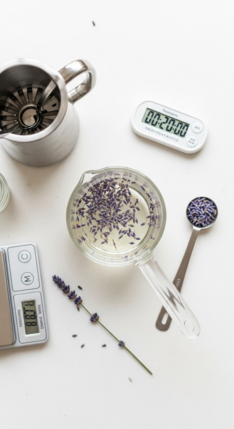 Lavender Latte Expert Guide Hot Or Iced With Tested Ratios 7 Lavender syrup ingredients in a glass saucepan with a digital timer and scale on a white countertop for precise cooking.