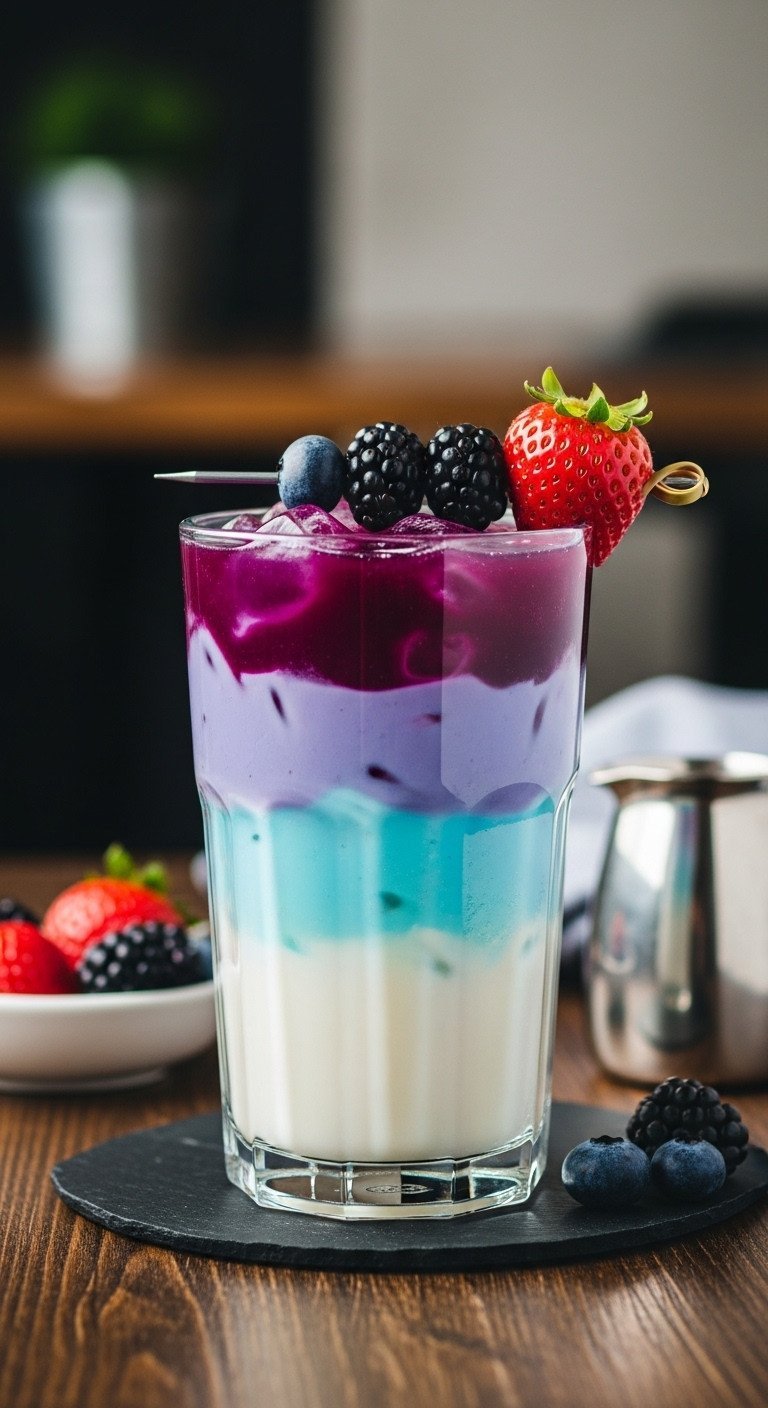 Lotus Energy Drinks 11 Expert Recipes To Master Clean Energy 11 Layered Blue Lotus & White Lotus energy drink with strawberry, blueberry in clear glass, berry skewer on dark wood table.