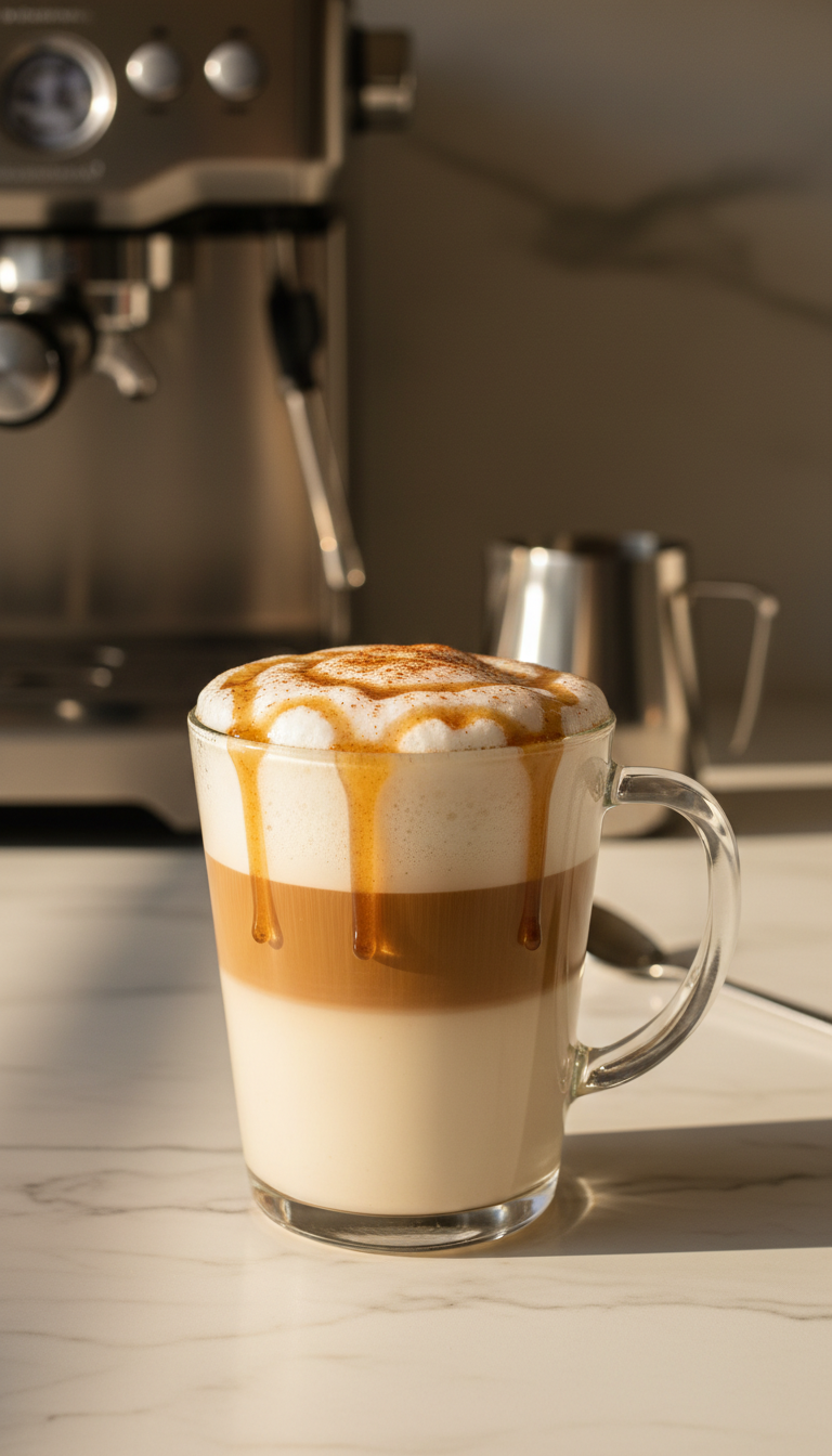 Homemade Cinnamon Coffee Syrup: Starbucks Copycat 11 Layered Cinnamon Dolce Latte in a clear mug, with espresso, milk, cinnamon syrup, and powder. Home espresso machine blurred behind.
