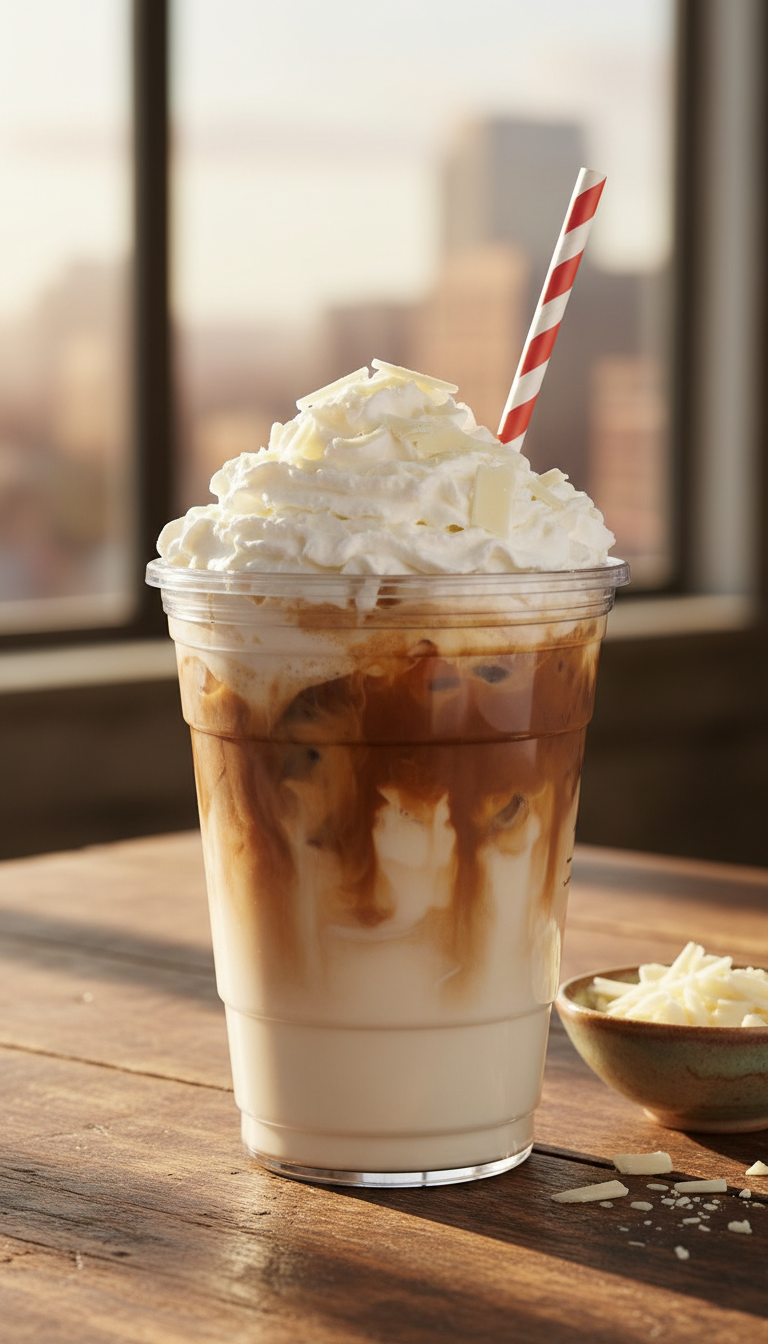 Dunkin' White Chocolate Iced Coffee Perfect Order 7 Layered Dunkin' iced coffee with white chocolate, rich espresso, whipped cream, chocolate shavings. Rustic table, golden light.