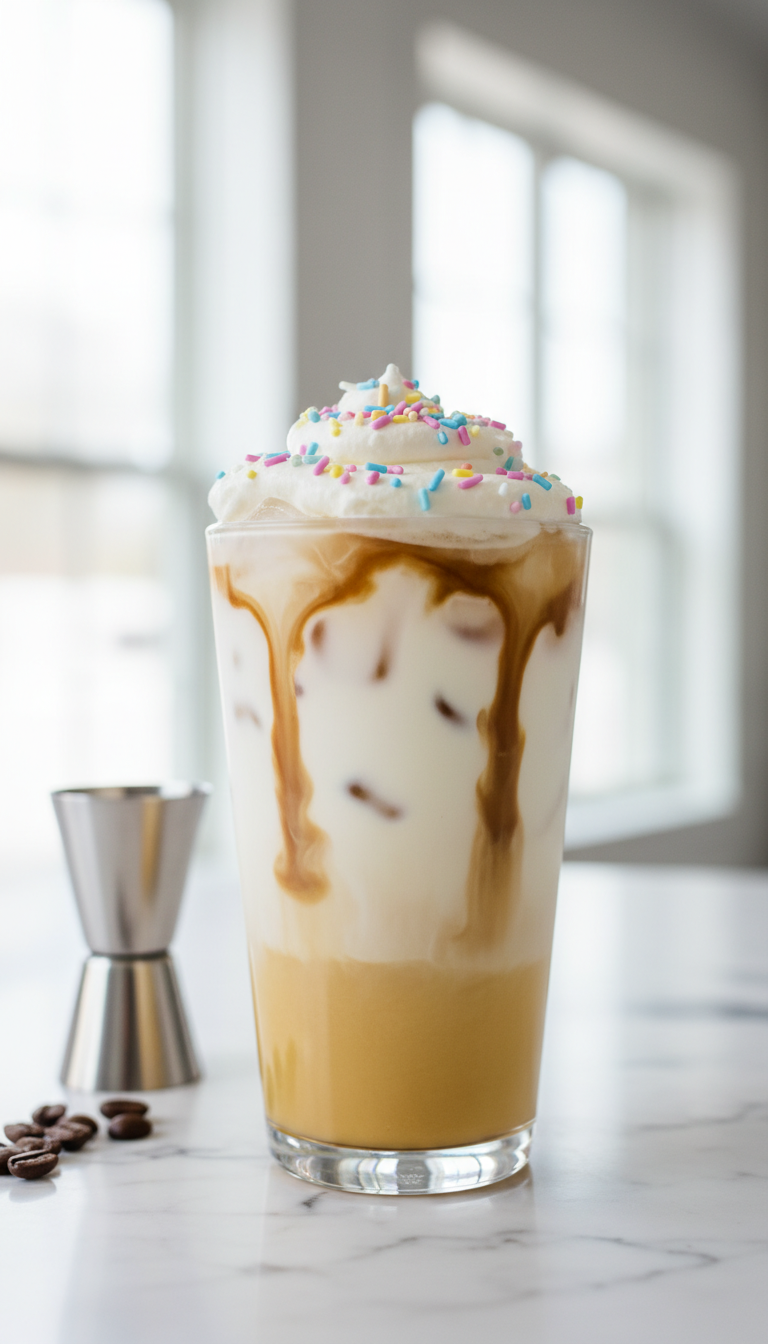 Essential Homemade Cake Batter Coffee Syrup Recipe 3 Layered Iced Cake Batter Latte with oat milk, espresso, whipped cream, and sprinkles in a tall glass on a marble counter.