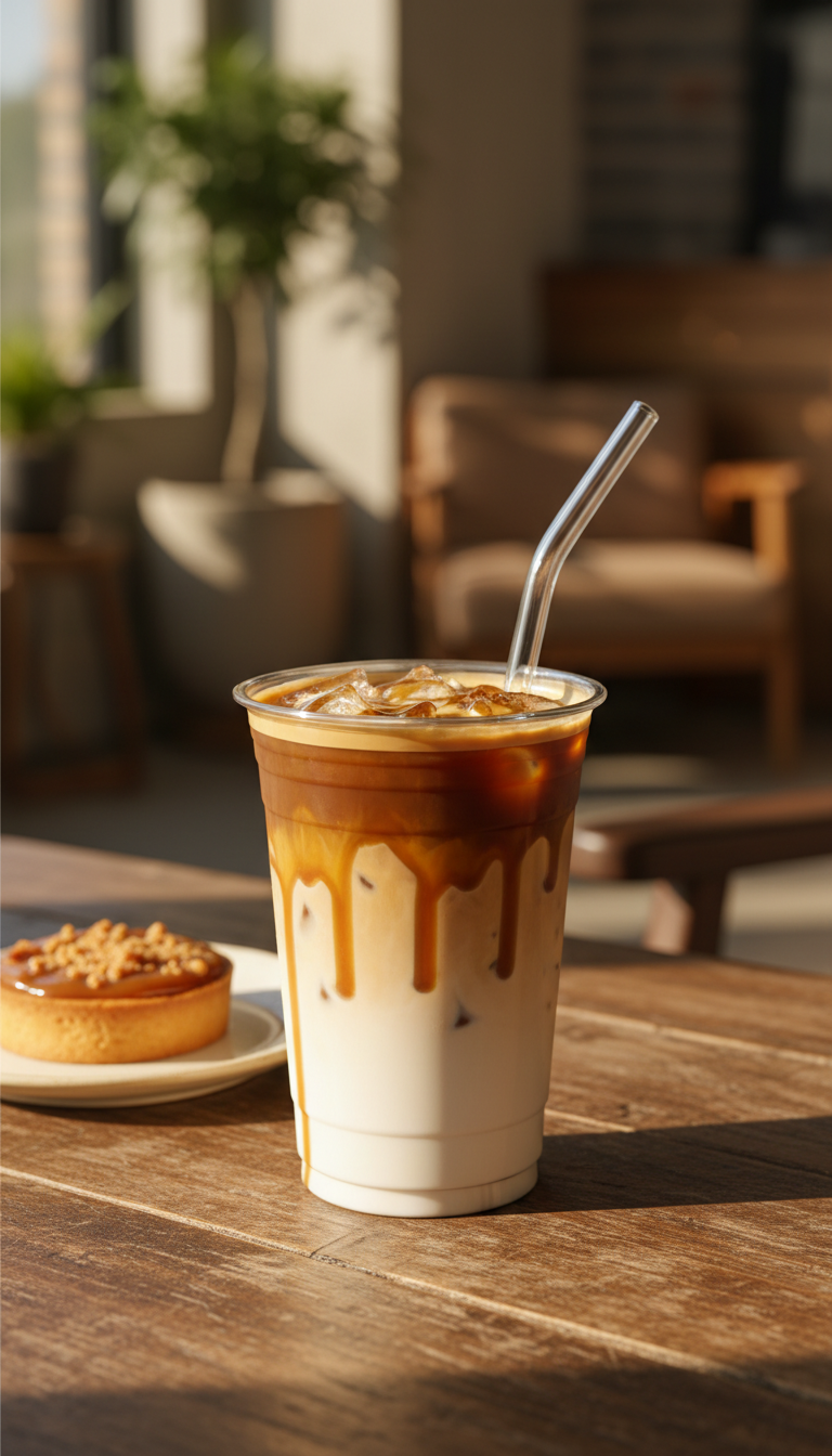 Best Dunkin Iced Macchiato Order: 7 Custom Hacks 1 Layered Iced Macchiato, dark espresso and creamy milk with caramel drizzle in a clear cup on rustic wood, golden hour glow.