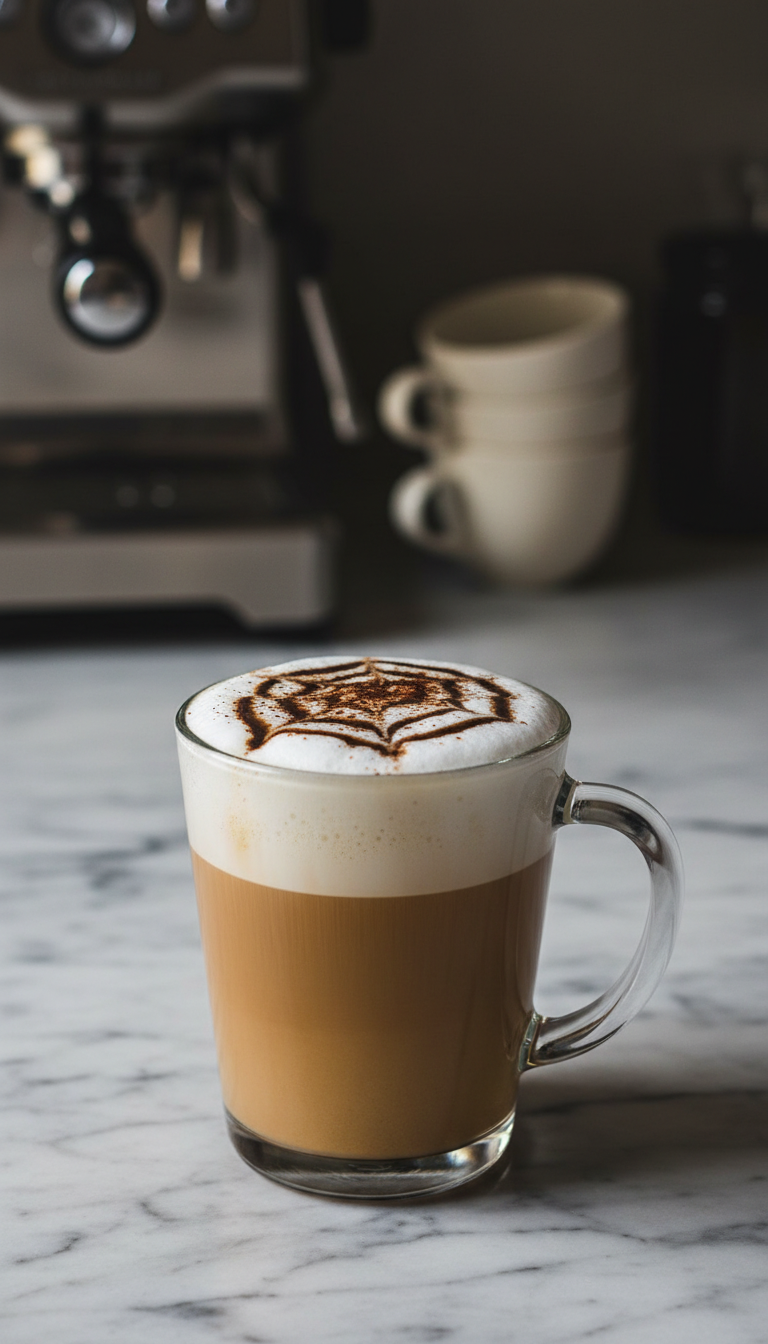 Homemade Irish Cream Coffee Syrup Without Alcohol 11 Layered Irish cream latte in a clear glass mug with frothed milk, syrup drizzle, cocoa, on a marble coffee bar.