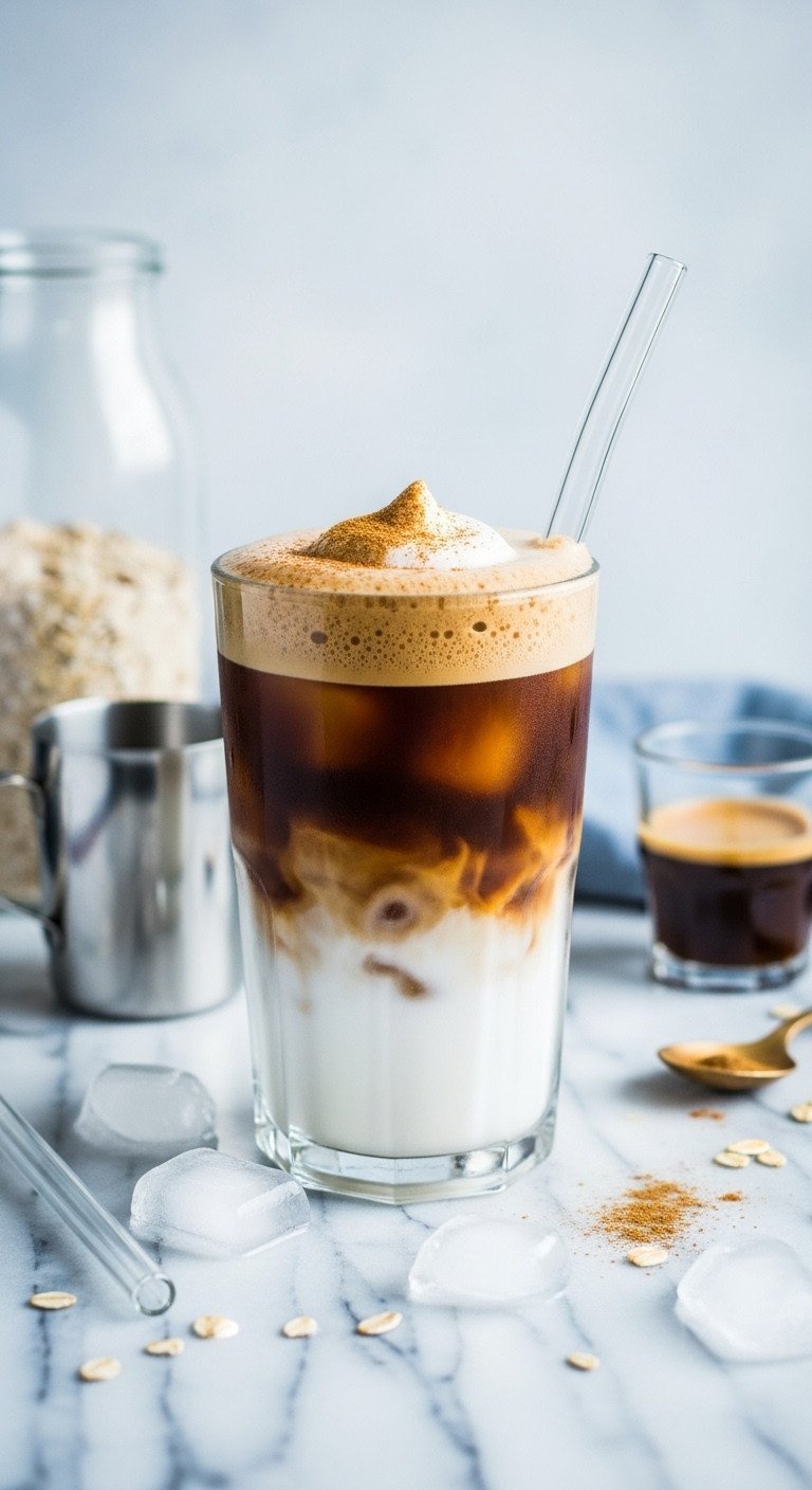 Brown Sugar Coffee: Easy Homemade Shaken Espresso Recipe 7 Layered brown sugar shaken espresso in a tall glass: ice, dark espresso foam, creamy oatmilk, and cinnamon dust on marble.