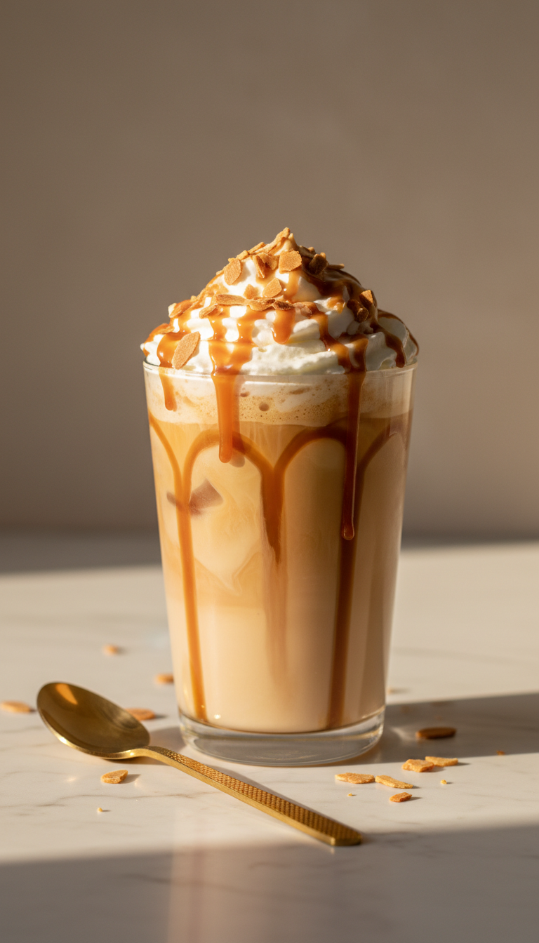 Dunkin Donuts Iced Coffee Toasted Almond: 7 Must-Try Orders 3 Layered caramel toasted almond iced latte with whipped cream, caramel drizzle, high-end glass, gold spoon on marble. Elegant.