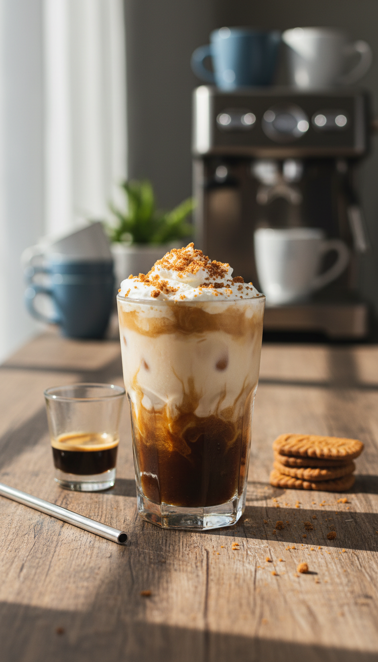 Homemade Cookie Butter Syrup: Easy Cafe-Style Recipe 9 Layered cookie butter iced coffee with espresso, oat milk, whipped cream, Biscoff crumbs. Soft window light on rustic wood.
