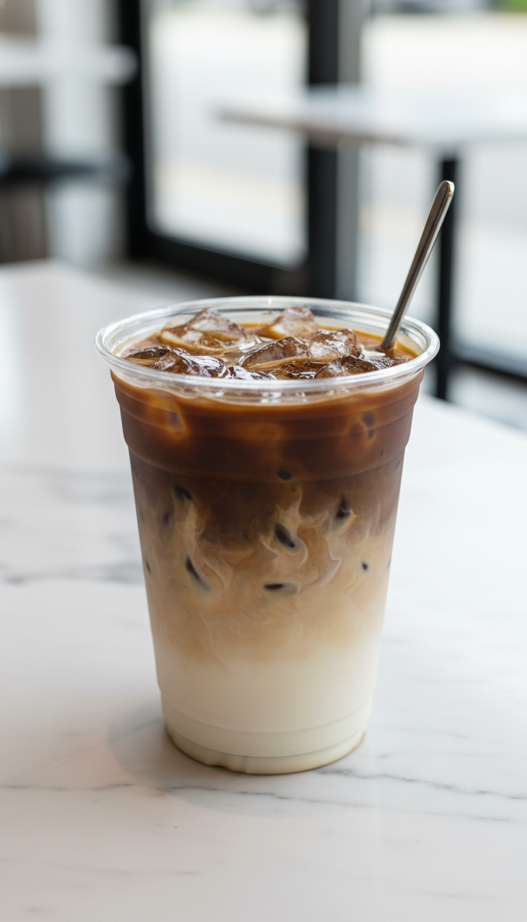Layered dark mocha iced coffee in a clear cup with creamy milk, melting ice, and a silver stir stick on a white marble cafe counter.