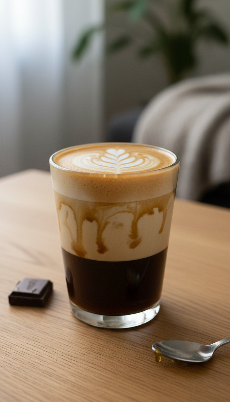 Layered homemade ginger latte in a clear glass mug with latte art, espresso, milk, and syrup drizzle on wood table.