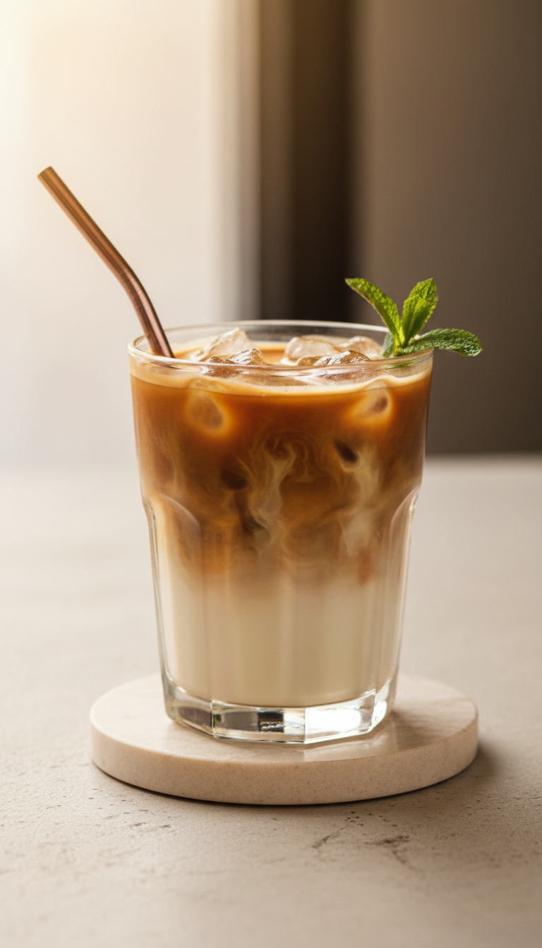 Dunkin Iced Coffee Espresso: Master Your Custom Order 7 Layered iced Macchiato in a clear glass with creamy milk, dark espresso, and ice on a light stone, with a metal straw.