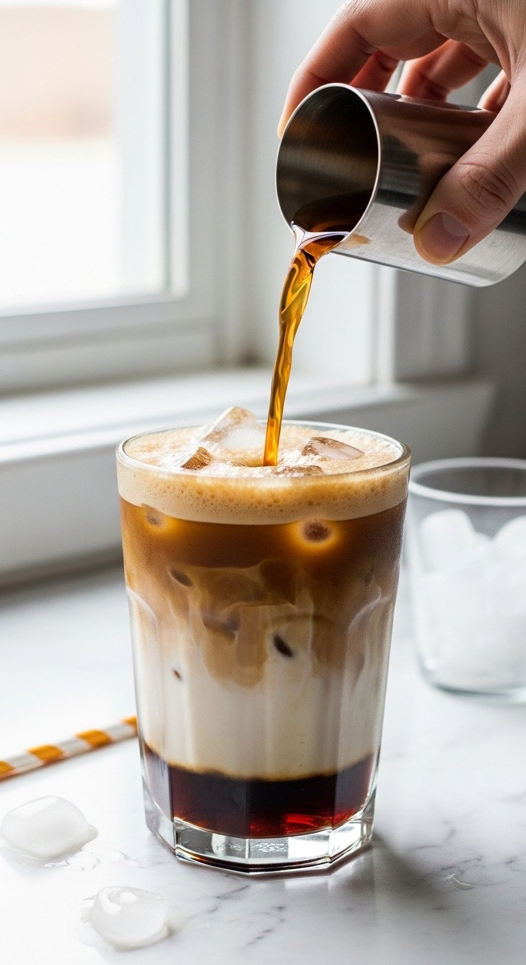 The Genius Brown Sugar Latte Recipe Iced Shaken And Hot Steamed 9 Layered iced brown sugar oat milk latte in a frosted glass with a straw, melting ice on white marble.