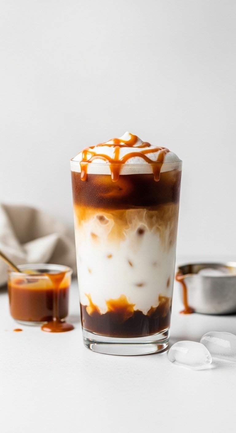 11 Iced Coffee Recipes And Secret Fixes For Watery Coffee 9 Layered iced caramel macchiato in a clear glass, with distinct caramel, milk, coffee bands, and heavy caramel drizzle.