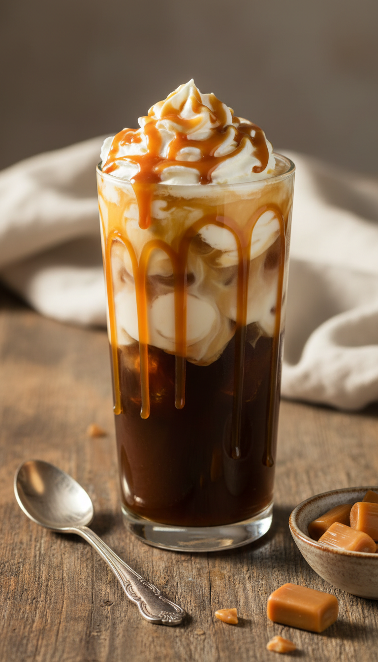 Layered iced coffee with golden caramel, vanilla swirl, whipped cream, caramel drizzle on rustic wood, warm light. Cozy coffee.